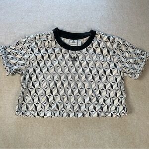 Adidas Originals Women's Black & White Trefoil Monogram Crop T-Shirt Tee Size L